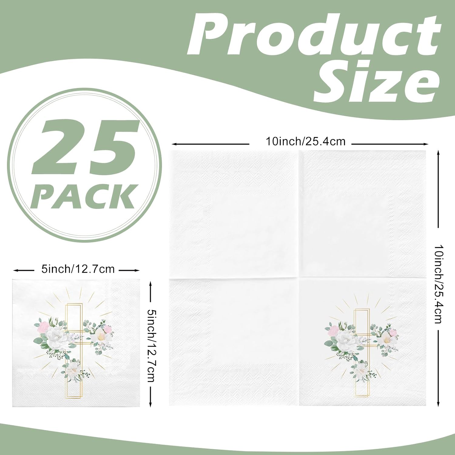 RUSPEPA 25 Pcs Religious Cross Napkin Paper, 3 Ply Gold Cross & Floral Wreath Design Disposable Napkins for Baptism, First Communion, Confirmation, Easter, Baby Shower Party Supplies, 5 x 5 Inch
