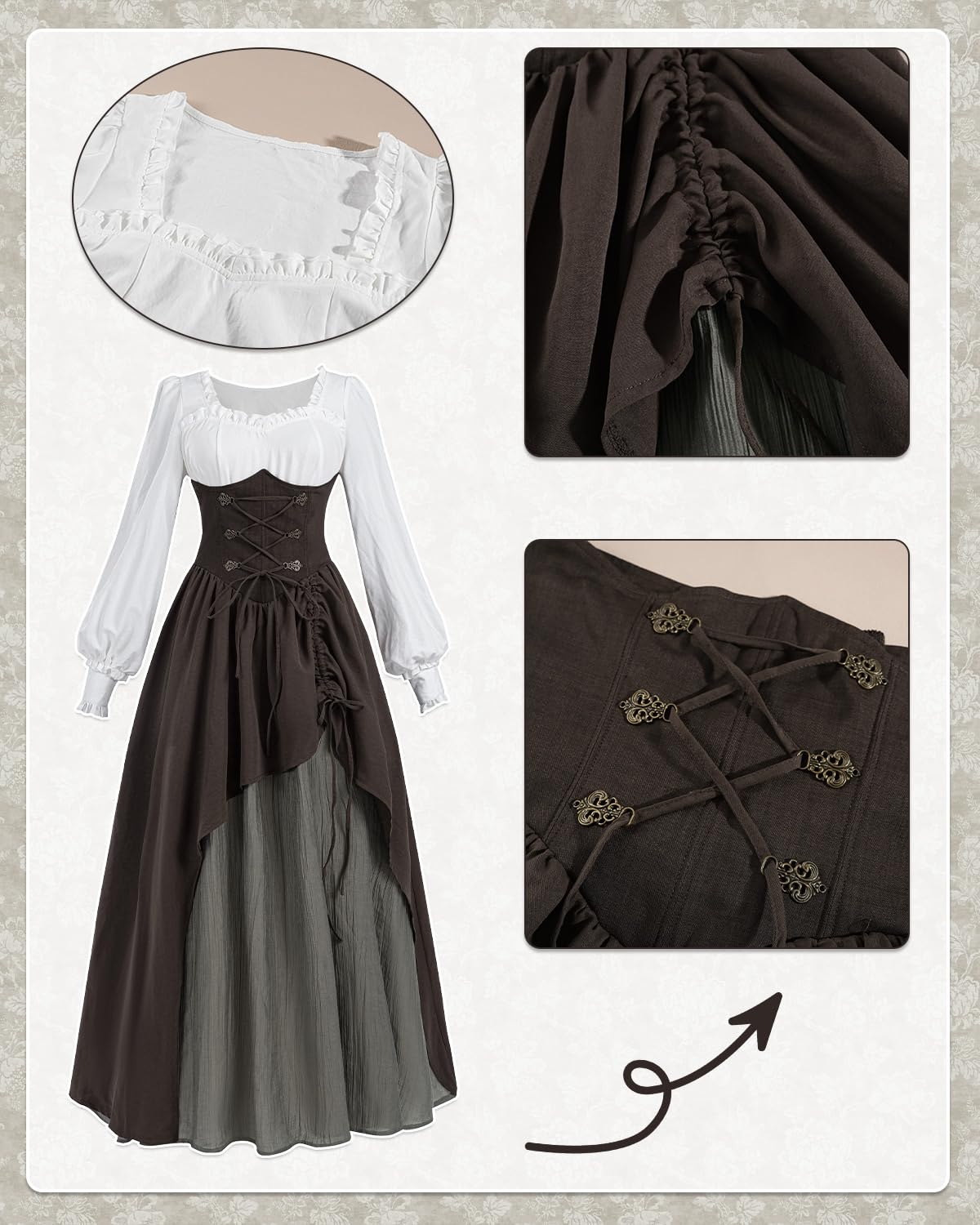 CR ROLECOS Mittelalter Kleidung Damen 2-teiliges Kostüm Cocktailkleid Langarm Vintage Gothic Piraten Kleid Viktorianisches Ballkleid