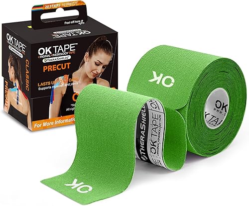 OK TAPE - Cinta de kinesiología (20 tiras precortadas), sin látex, impermeable, cinta deportiva para aliviar el dolor, da soporte y estabilidad a la