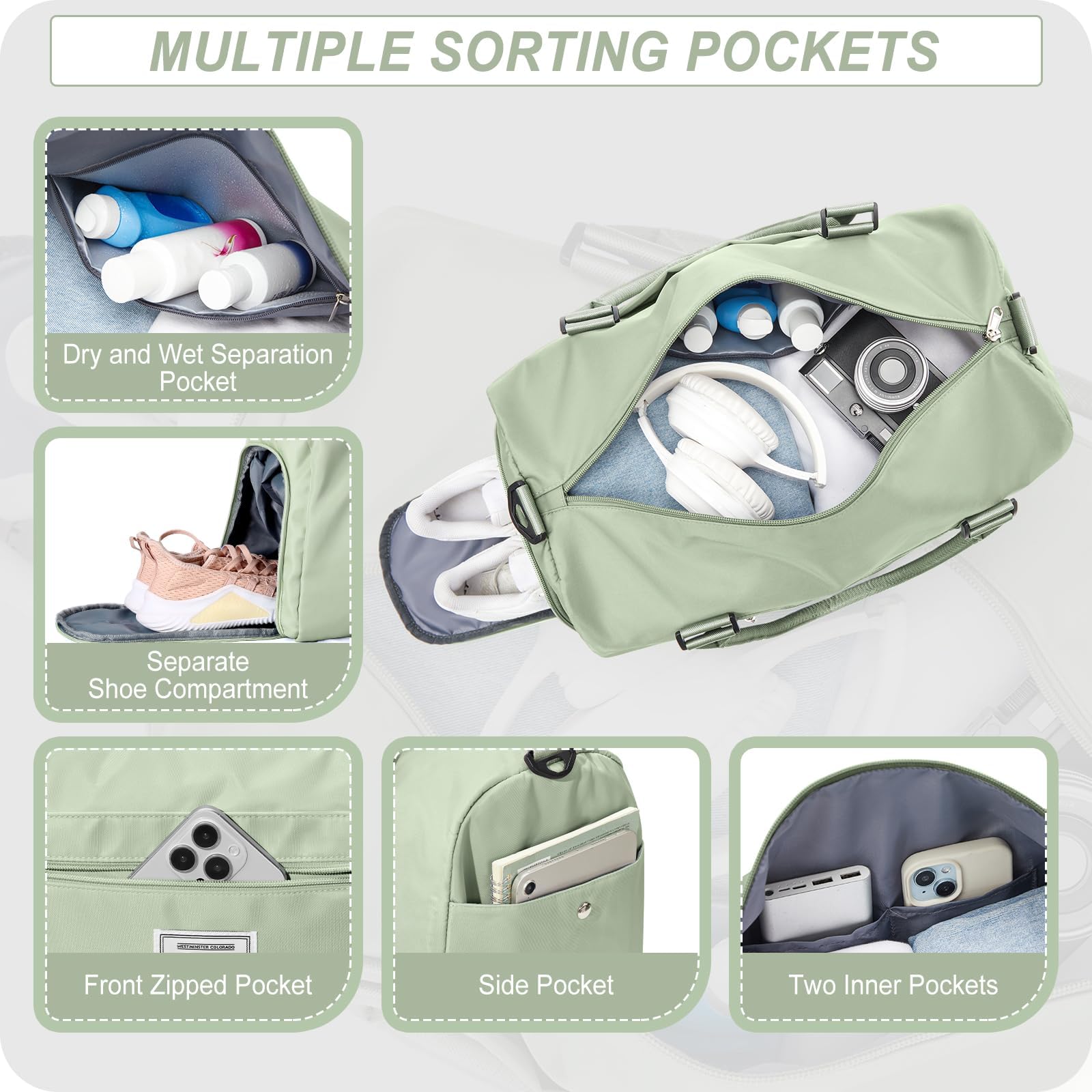 HYC00 Borsone Palestra Donna Uomo Borsa Sportiva con Scomparto Scarpe Borsone da Viaggio Sports Gym Bag Grande Borse da Palestra Piscina Donna Fitness Weekend Duffel Bag Borsa per Ospedale,Verde Erba