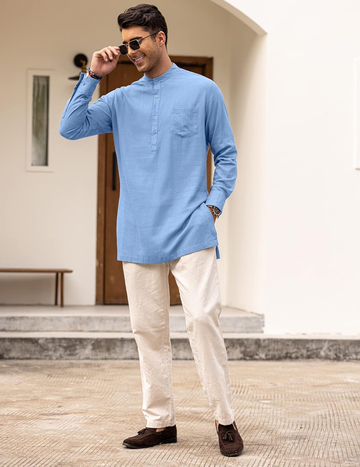 COOFANDY Men's Linen Henley Shirts Long Sleeve Collarless T-Shirts Longline Kurta Beach Shirts with Pocket - Image 5