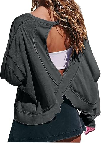 Womens Open Back Workout Tops Sexy Backless Long Sleeve Athletic Shirt Running Crop Top Gym Yoga Tee