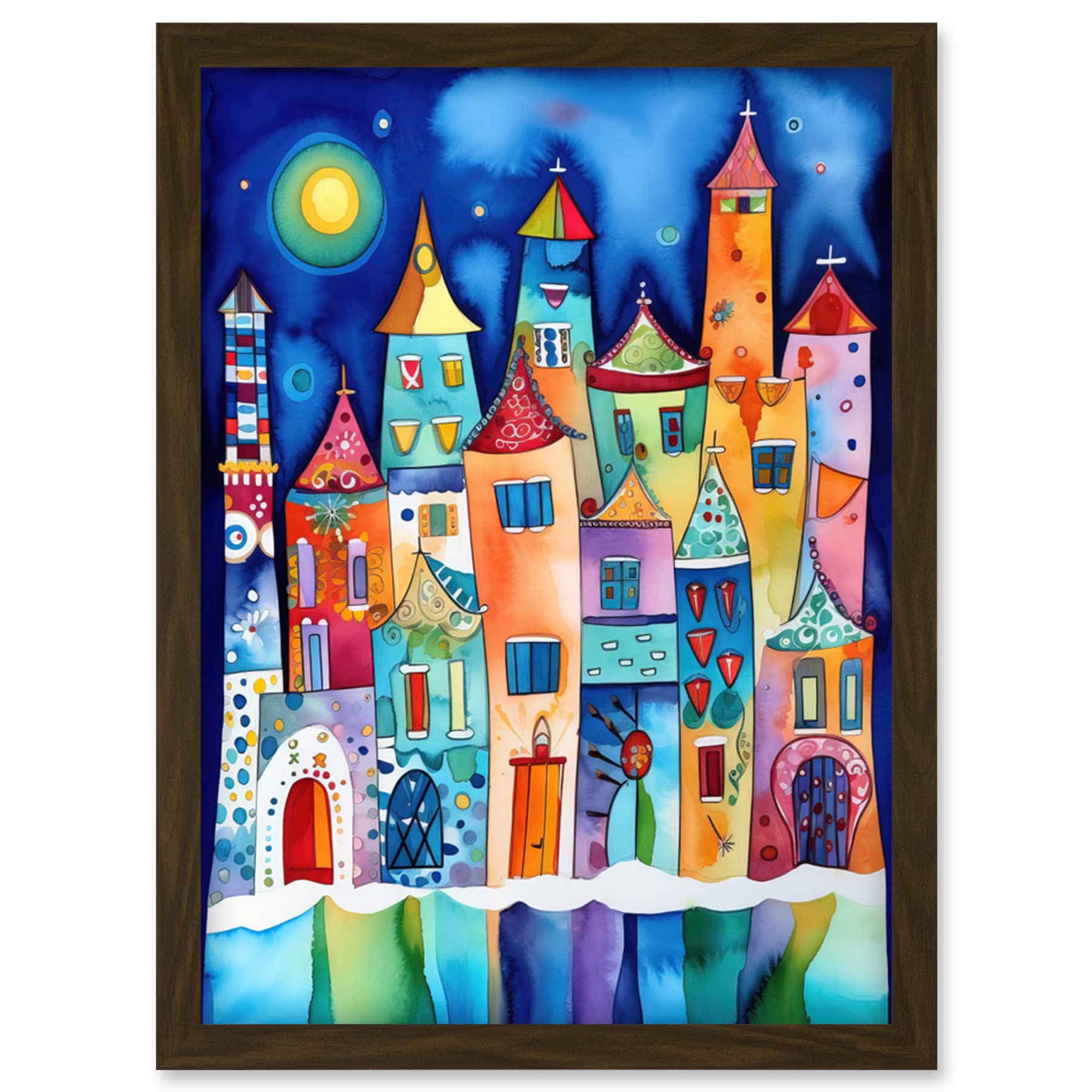 Artery8 Midnight Abstract Town Folk Art Artwork Framed Wall Art Print A4