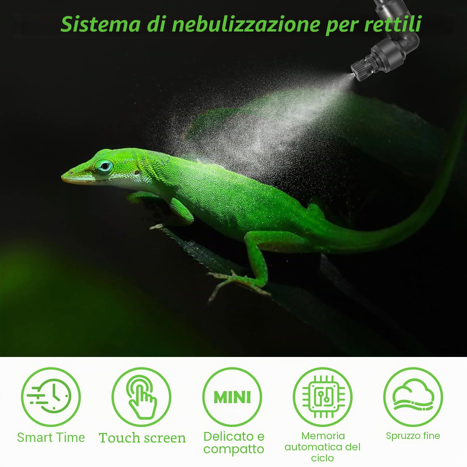 Nebulizzazione per Teca Rettili, Glovios Umidificatore per Rettili con Timer e Ugelli a 360°, Umidificatore Rotante per Anfibi Rettili Piante Fiori