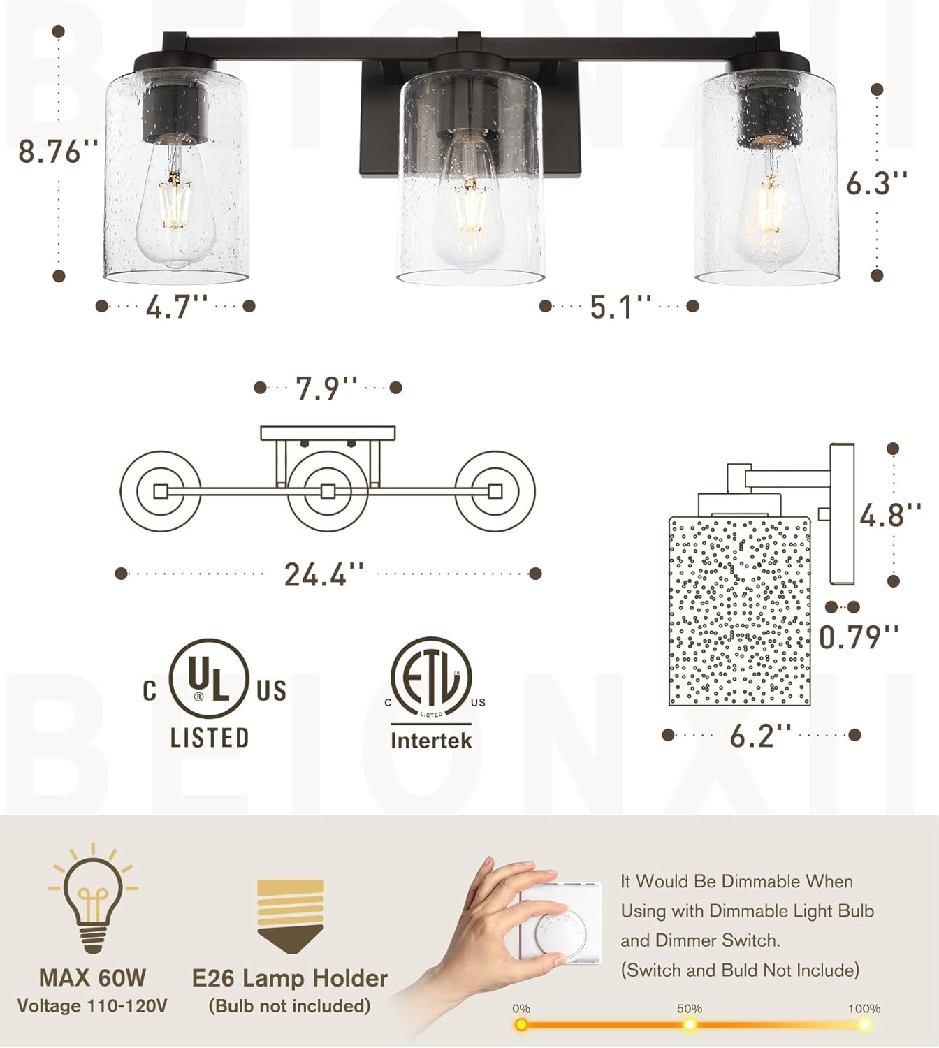 Beionxii Bathroom Vanity Lights, 3-Light Vintage Wall Sconce Light Fixtures, Oil Rubbed Bronze Finish with Clear Seeded Glass (24.5" W x 8.7" H) - MB9002 Series