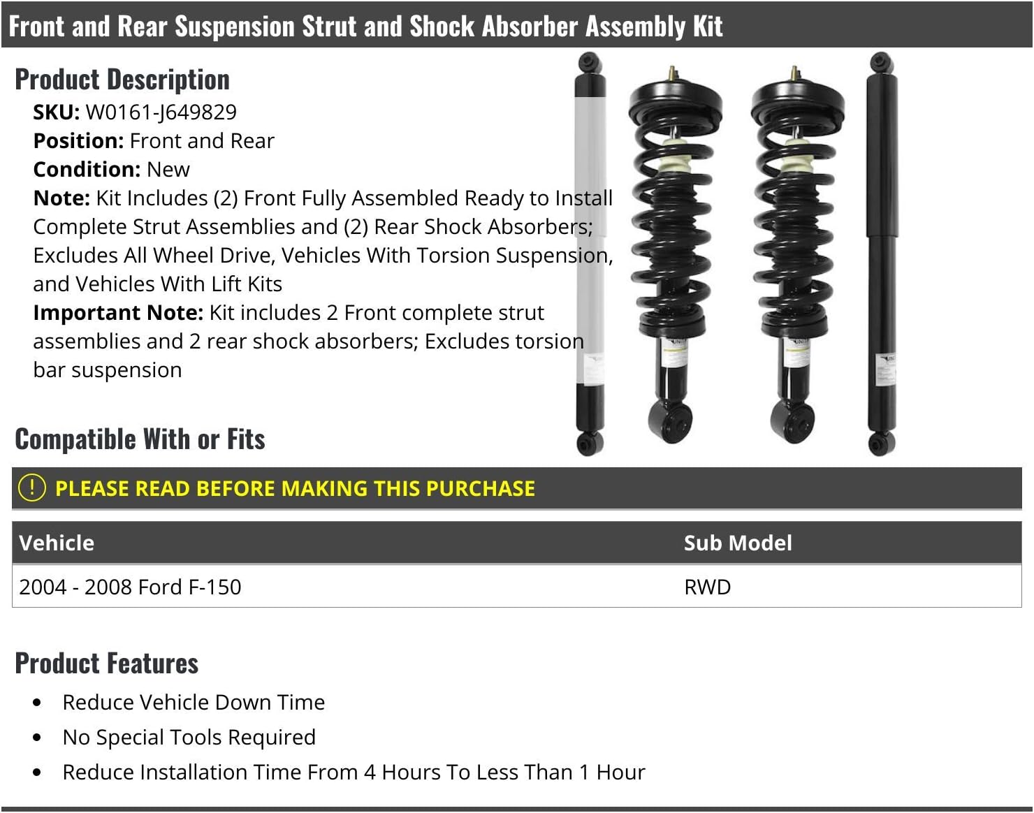 Front and Rear Suspension Strut and Shock Absorber Assembly Kit - 4 Piece - Compatible with 2004-2008 Ford F-150 RWD (Excludes AWD, Vehicles with Torsion Suspension, and Vehicles with Lift kits)