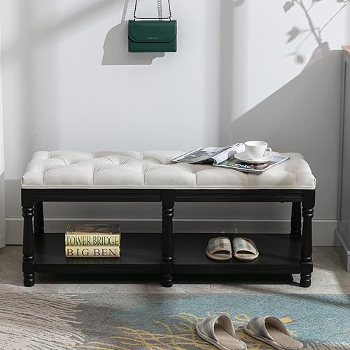 Janoray Banco de almacenamiento de madera para entrada, con botones otomanos tapizados, con patas negras, para dormitorio, extremo de cama, pasillo,