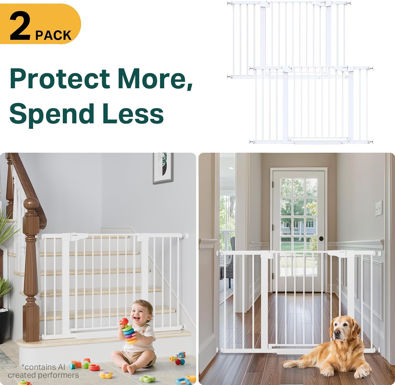 Cumbor Pack of 2 Baby Gate for Stairs, 29.7–48 Pressure Mounted Dog Gate for Doorways, Auto Close Safety Pet Gate Indoor, Easy Walk Thru Wide Child Gate, White, Mom's Choice Award Winner