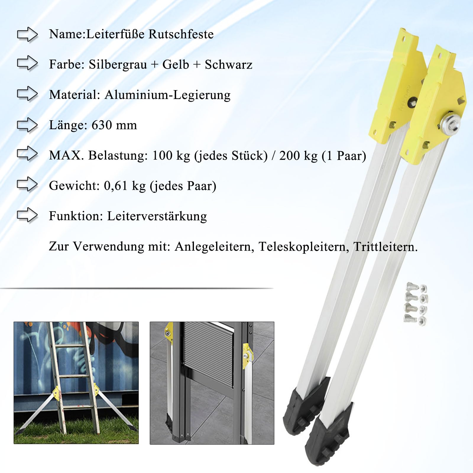 2 Stück Leiterfüße Rutschfeste Leiterbeinstabilisatoren Verstellbare Sicherheitsstützbeine Für Leitern Leiterverstärkung Stabilisato Ladung 200 Kg/440 LBS - Länge 630 mm