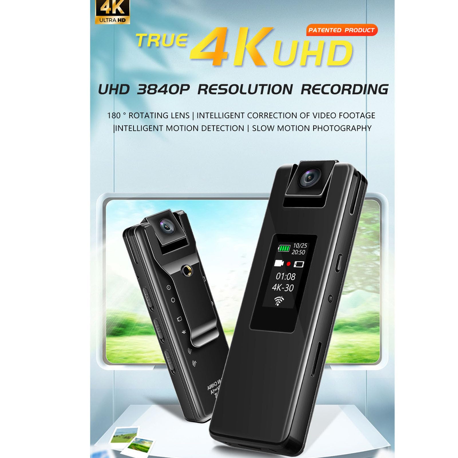 Action Camera 4K Video Recording, Motion Detection, 180 Degree Rotating Lens Body Video Recorder with Clip, Loop Recording, Back Clip Design