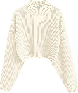 Women's Cropped Turtleneck Sweater Lantern Sleeve Ribbed Knit Pullover S...