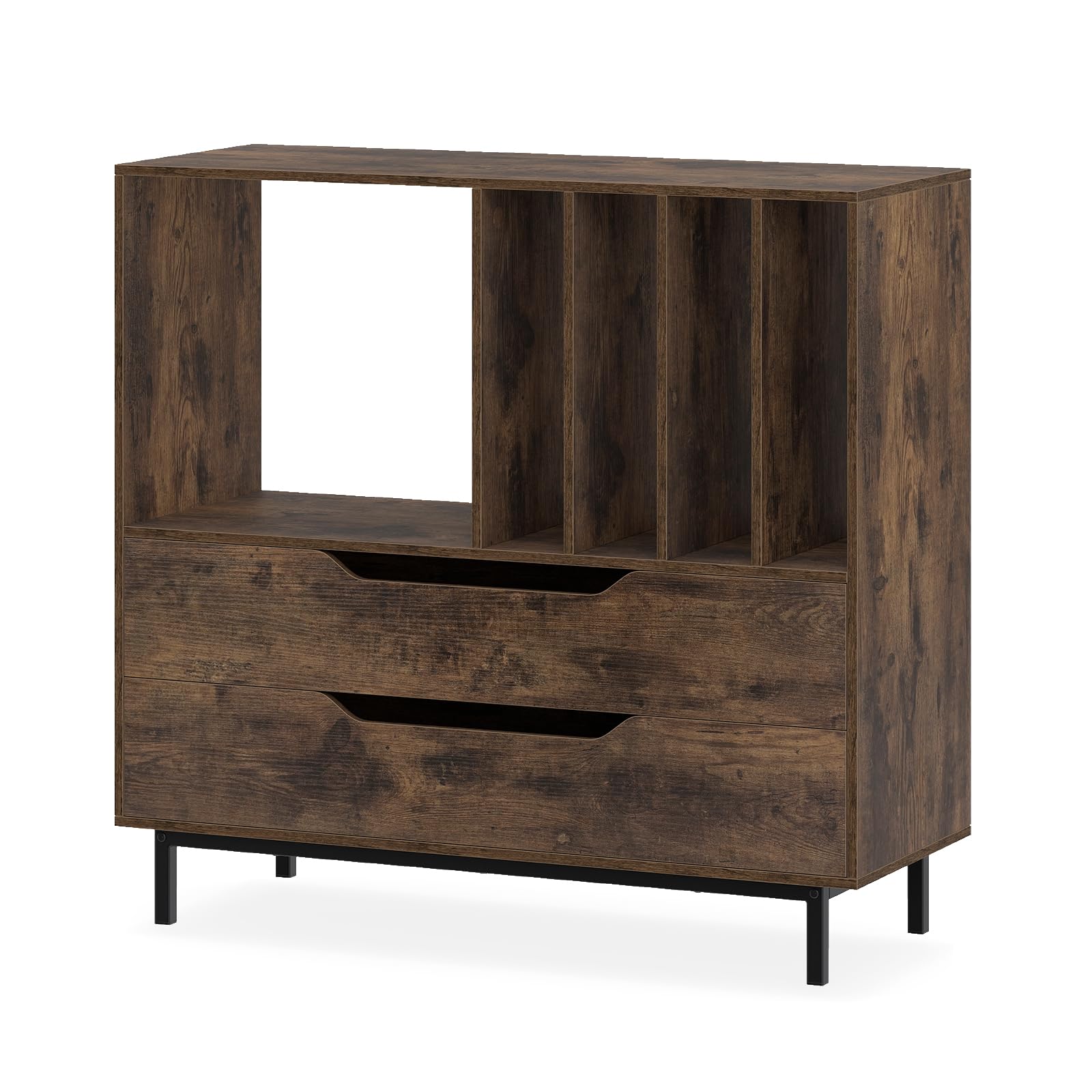 GIANTEX Meuble Platine Vinyle, Support pour Vinyles avec Compartiments Ouverts, 4 Séparateurs, Pieds Métalliques et Tiroir, Étagère pour Disques en Bois pour Salle de Musique, Salon (Marron)