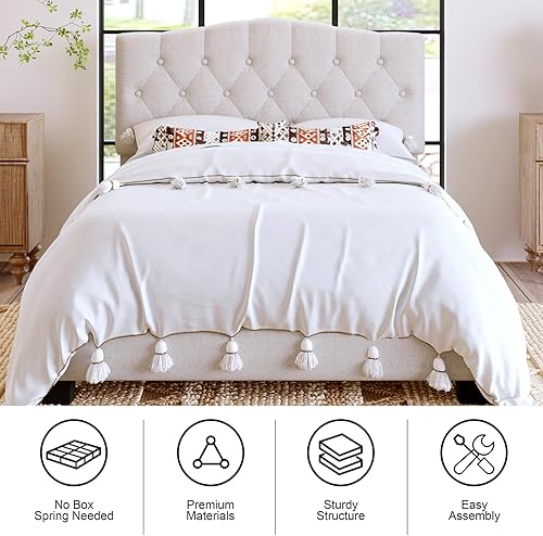 Miniatura 6 de Base de cama de plataforma tapizada de tamaño matrimonial con cómoda cabecera curvada con silla de montar, cama de plataforma moderna de estilo real