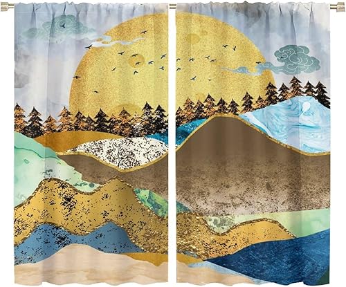 Cortinas retro con aislamiento térmico y estampado de mármol para ventana, estilo japonés, estilo bohemio, sol y puesta de sol, para sala de estar,