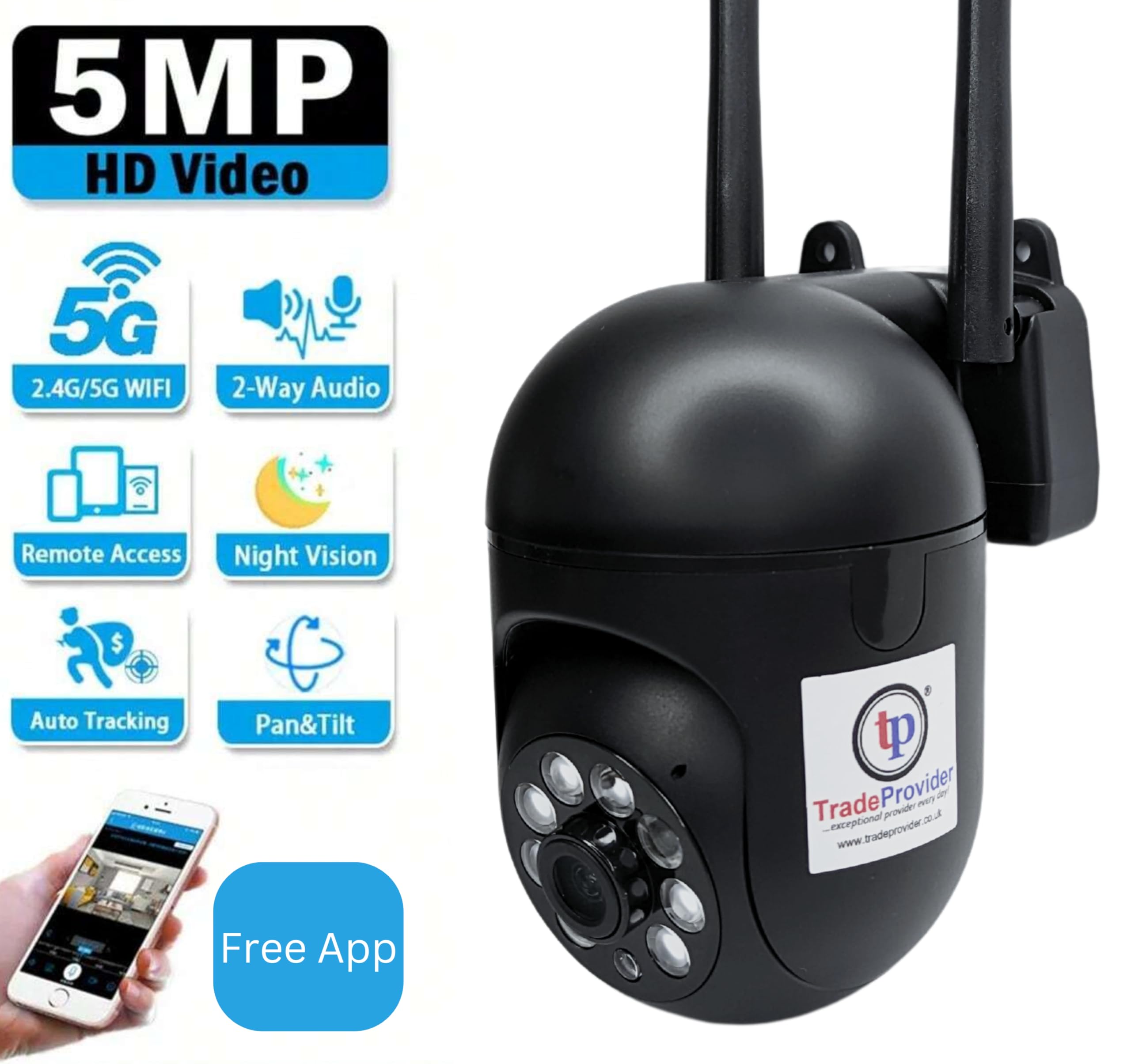TradeProvider Dome Camera Home Security with Audio, CCTV Pet Dog Cat Baby Cam Cloud Storage & SD Card Reader, AI Features, Spy Mini Camera, Remote Access, 2-Way Talk PTZ Colour Night Vision (Black) - Image 2
