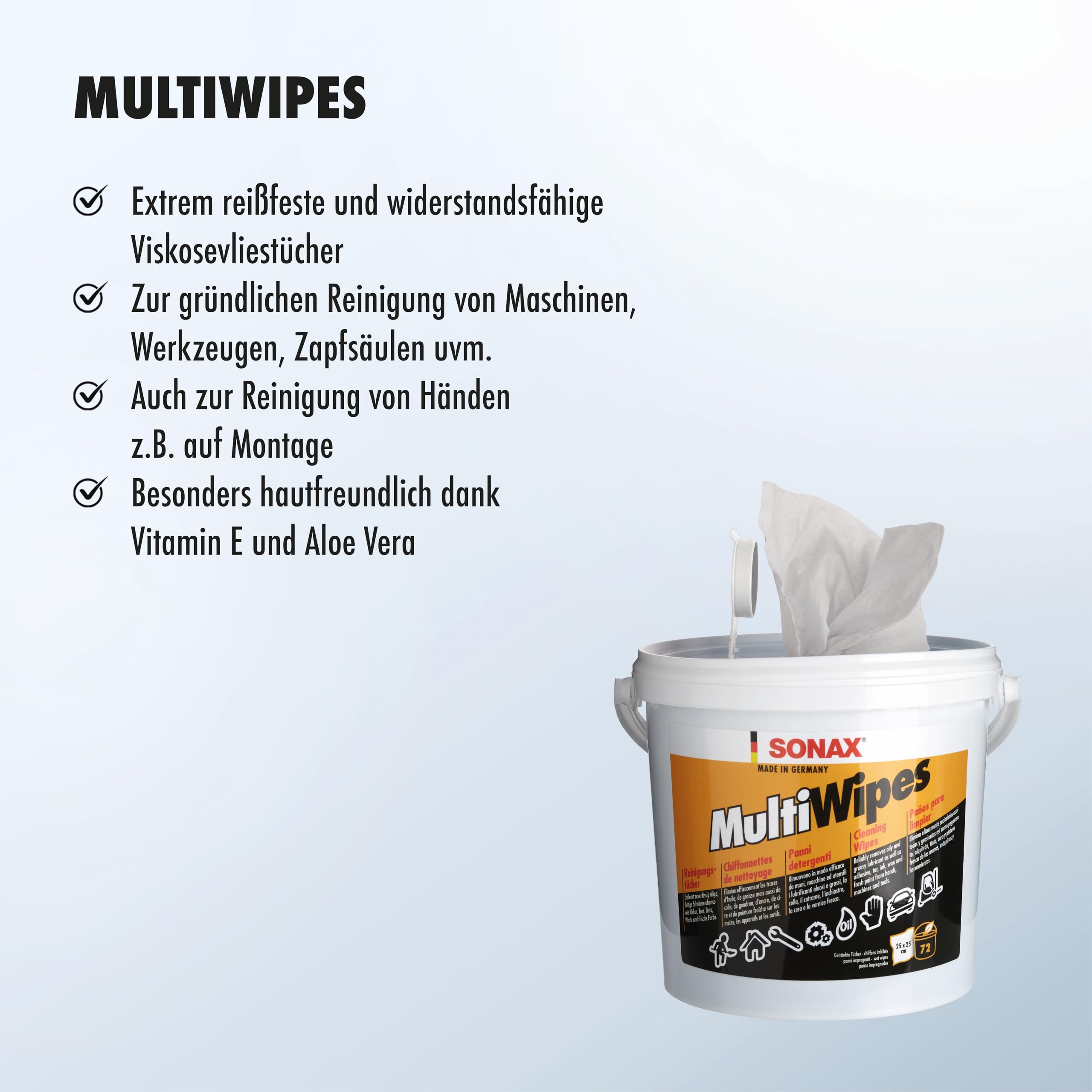 SONAX MultiWipes (72 Stück) reißfeste & widerstandsfähige Viskosevliestücher, entfernt Öl, Fett, Kleber, Teer, Tinte, Wachs und Farbe, auch für Hände geeignet/Art-Nr. 04680000