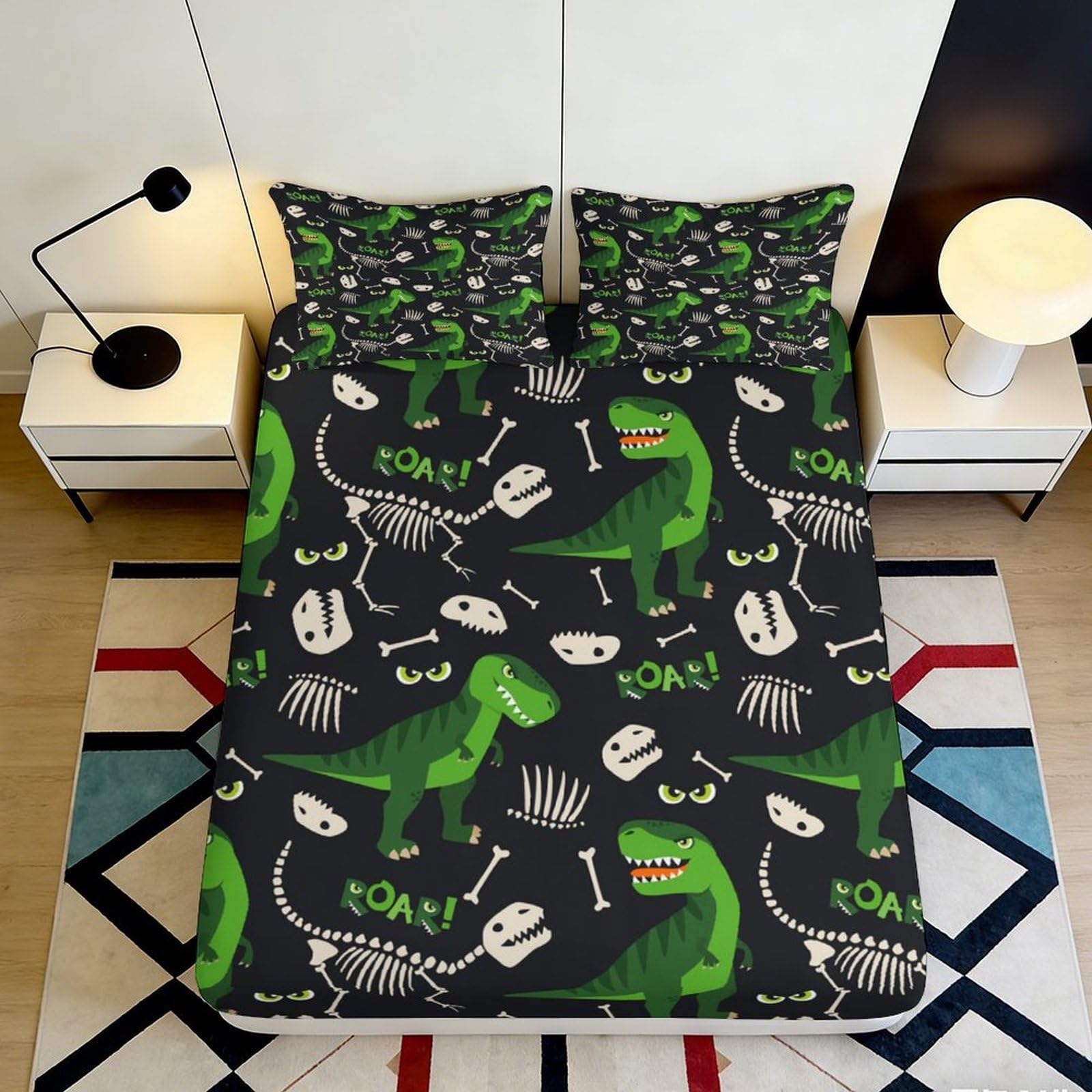 3D Printed Dinosaur Fossil Fitted Sheet Microfiber Soft Green Skeleton Bed Cover for Bedroom Dorm Protection Decor 90x200x25cm
