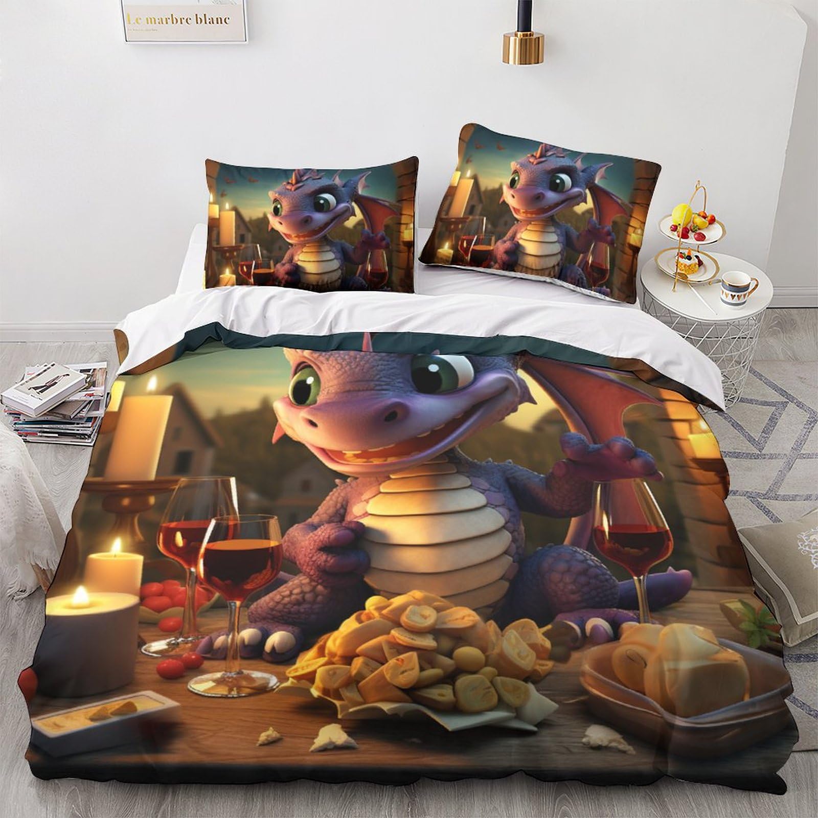 Housse de couette 220x240 dragon parure de lit 3 pièces microfibre zippée