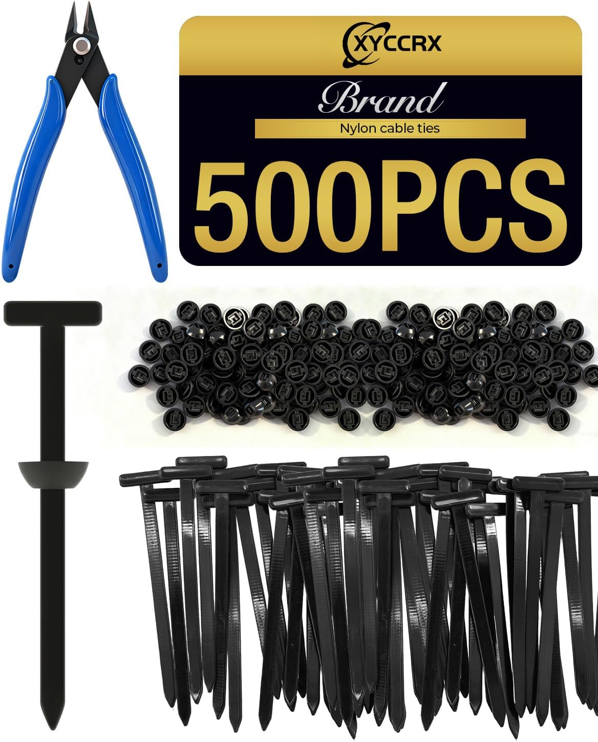 500PCS Black Nylon Universal Cable Tie Buckle Kit with Cutter, Heavy Duty Strap Style Grip Auto Zip Tie Clips for Car, Automotive Self-Locking Fasteners for Bumper Fender Liner Repair