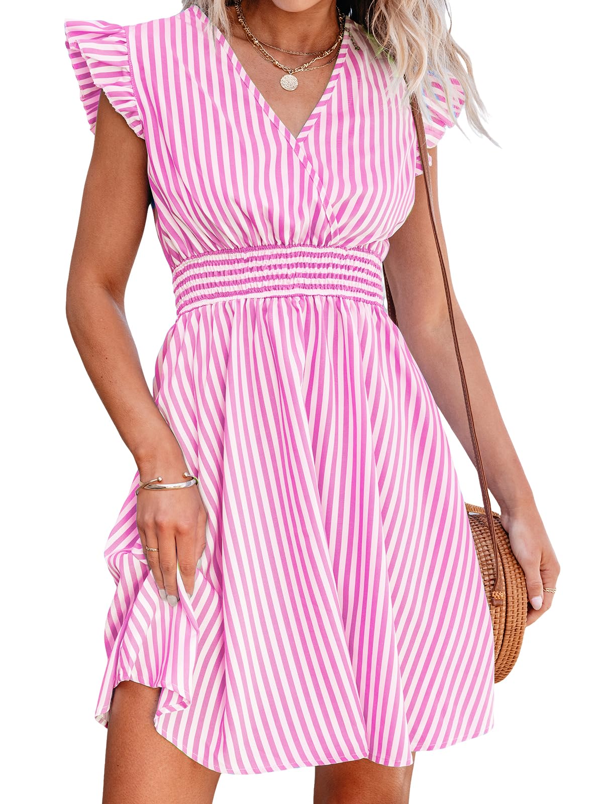 CUPSHE Women's Summer Dress, Striped V-Neck, Flutter Sleeves, Mini Dress, Smocked Waist, A-line, Casual Dresses, Mini Dress