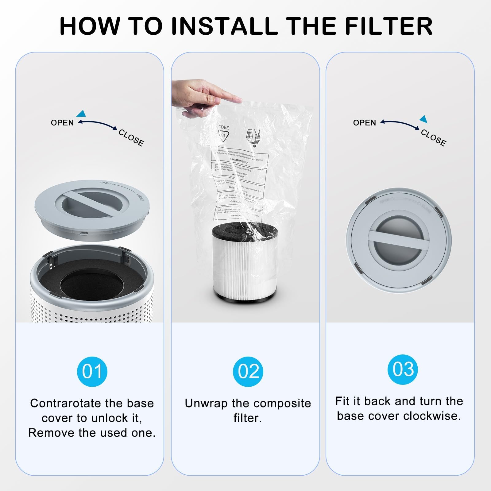 Purificateur d'air silencieux pour chambre à coucher, filtre HEPA H13 à 3 niveaux, 3 vitesses, mode nuit (12 dB) pour éliminer le pollen, la poussière, les squames d'animaux et les odeurs.