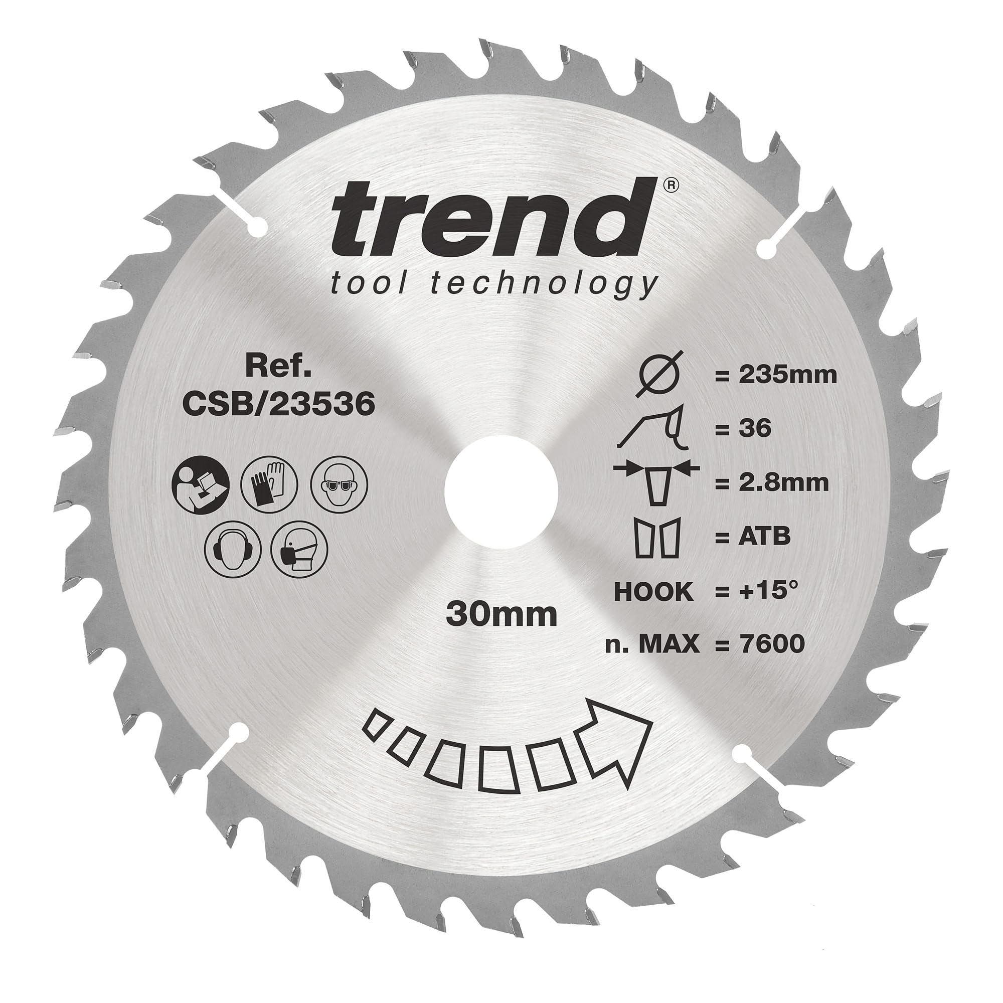 Trend Wood Circular Saw Blade, 235mm Diameter, 30mm Bore, 36 Teeth, 2.8mm Kerf, +15° Hook, TCT, Medium Finish, CSB/23536