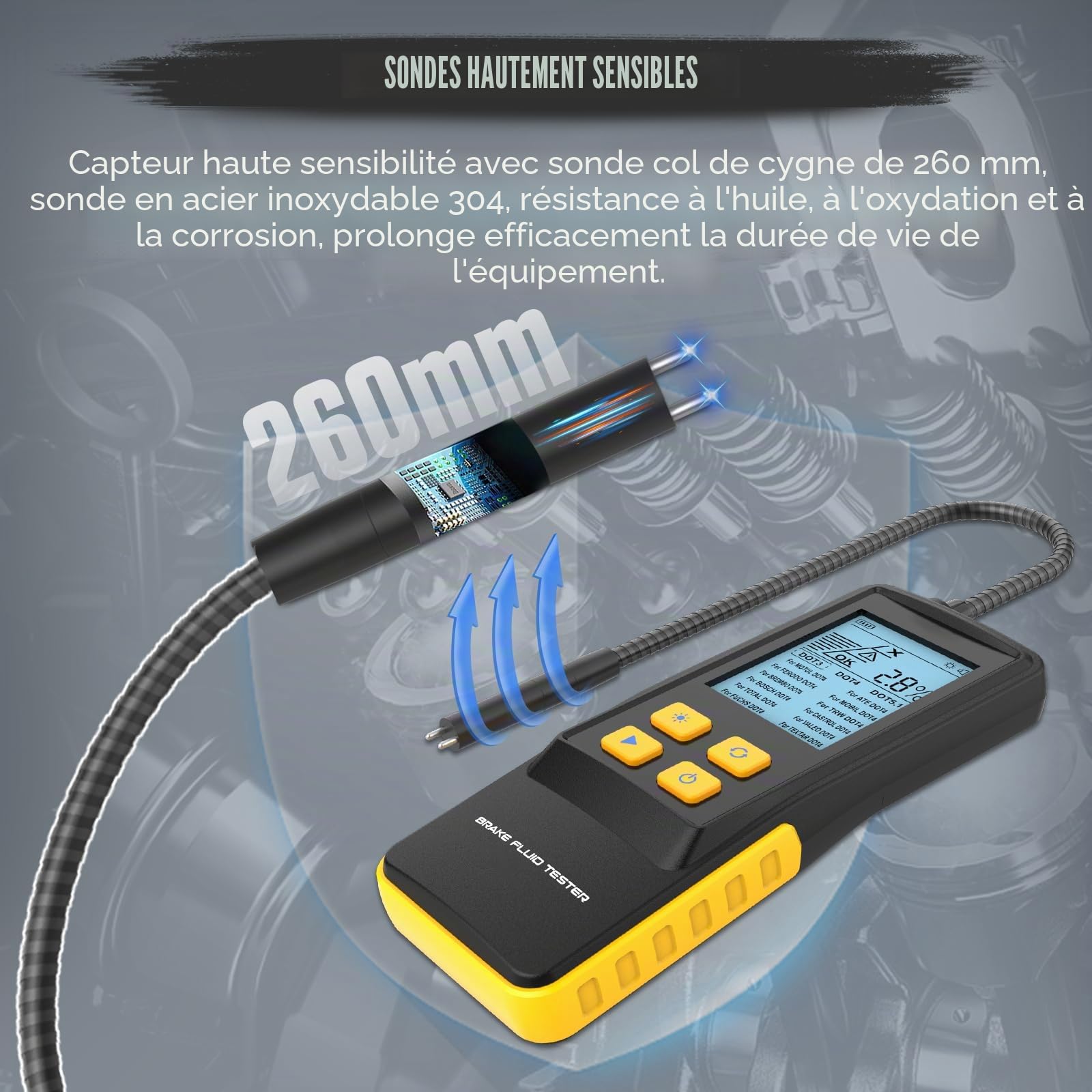 BELEY Testeur Numérique de Liquide de Frein pour Voiture avec écran LCD Rétro-éclairé et Sonde D'analyse de L'humidité de L'huile de Haute Précision pour DOT3 DOT4 DOT5.1 Détecteur de Liquide de Frein
