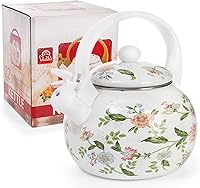 Vista 4 de Jucoan Tetera esmaltada vintage de 2.3 cuartos, tetera silbante para estufa, tetera esmaltada floral sobre acero para el hogar, cocina, campamento