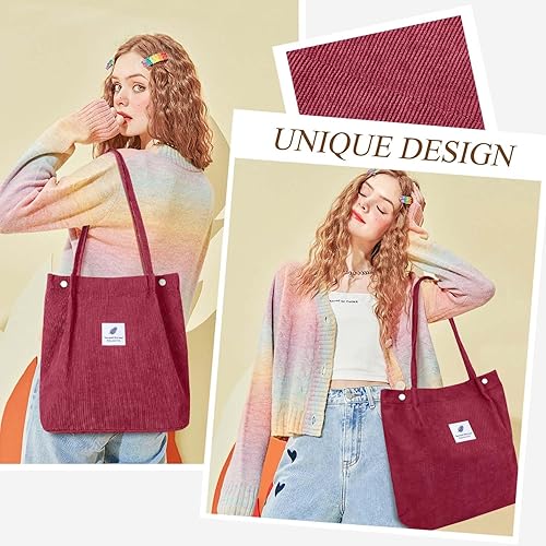 Vista 111 de Tote - Bolsa de hombro reutilizable de pana de gran capacidad con bolsillos interiores para mujeres y niñas Rayas