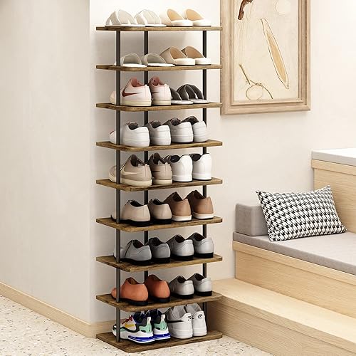 Miniatura 4 de AZERPIAN - Zapatero de 9 niveles, organizador de almacenamiento vertical de doble fila, estante estrecho de metal delgado moderno, torre de zapatos