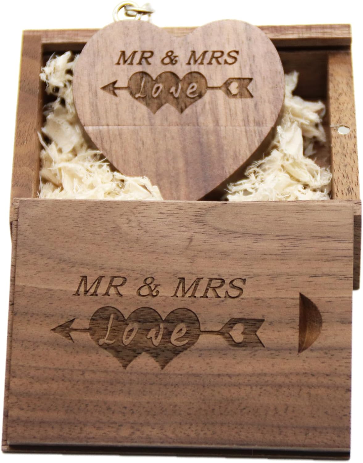 32GB Wood USB 3.0 Flash Drive With Laser Engraved Mr & Mrs Design - Wooden Heart Shape Memory Stick With Box for Wedding/Couple/Parents (Walnut)