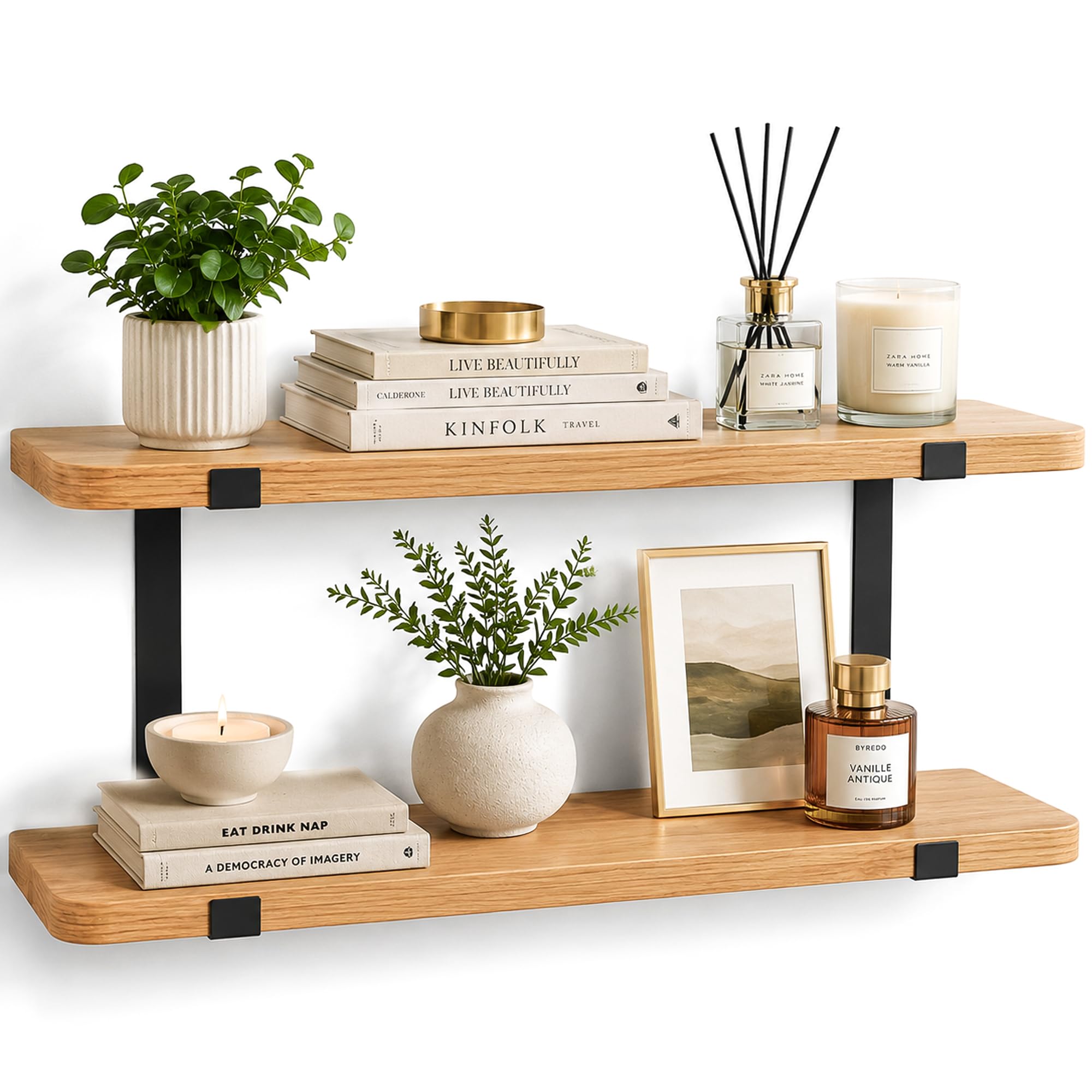 Innoteck 2 Tier Floating Shelves Wall Mounted 60cm, Oak Effect Wooden Wall Shelves with Black Metal Brackets, Modern Floating Shelf for Living Room Bedroom Bathroom Kitchen Storage & Display