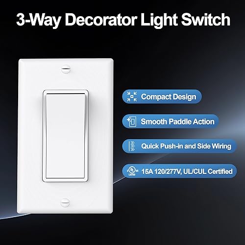 Miniatura 2 de Interruptor decorativo de pared de 3 vías con placas de pared, interruptor de paleta de encendidoapagado, acabado brillante, 15 amperios 120277