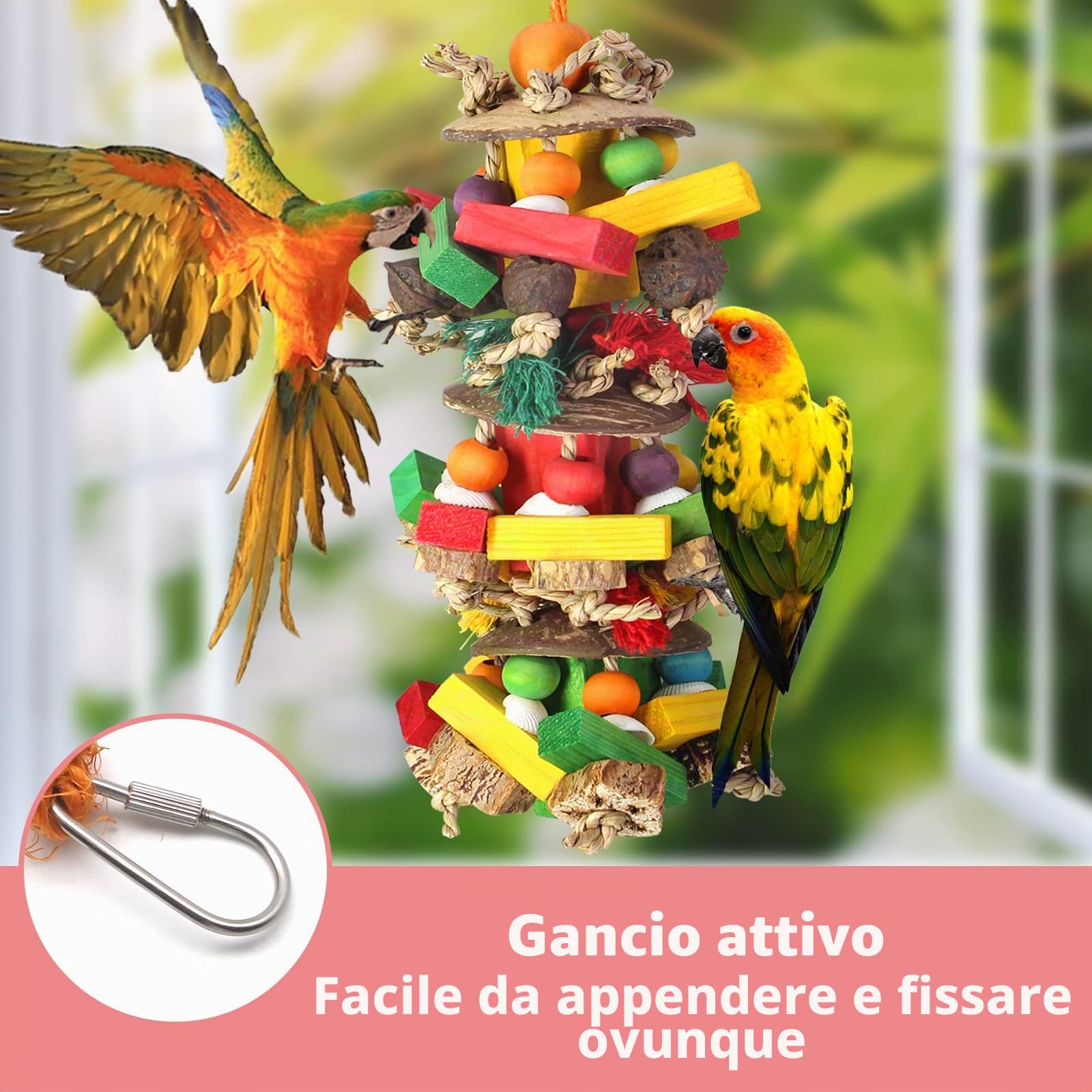 Pappagallo giocattoli e accessori per pappagalli, giocattoli da masticare per uccelli con noci naturali, gabbia da appendere con blocchi di legno colorati per pappagallini africani grigio