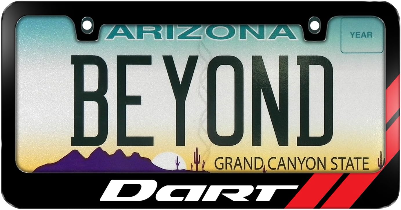 iPick Image Made for Dodge Dart Sporty Racing Red Stripe Black Metal License Plate Frame