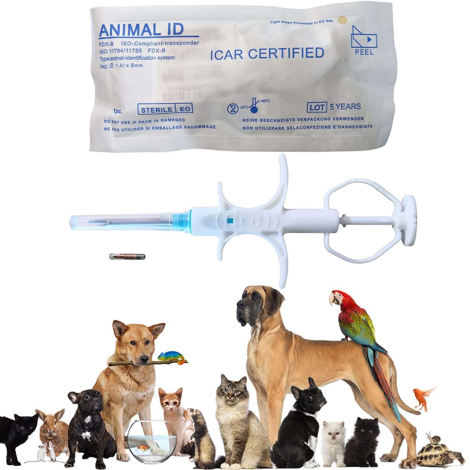 5pack Animal ID Microchip Tag with Non-Slip Syringe,  ISO11784/ISO11784/FDX-B Pet Glass Tube RFID Tag, Used for Animal Tracking