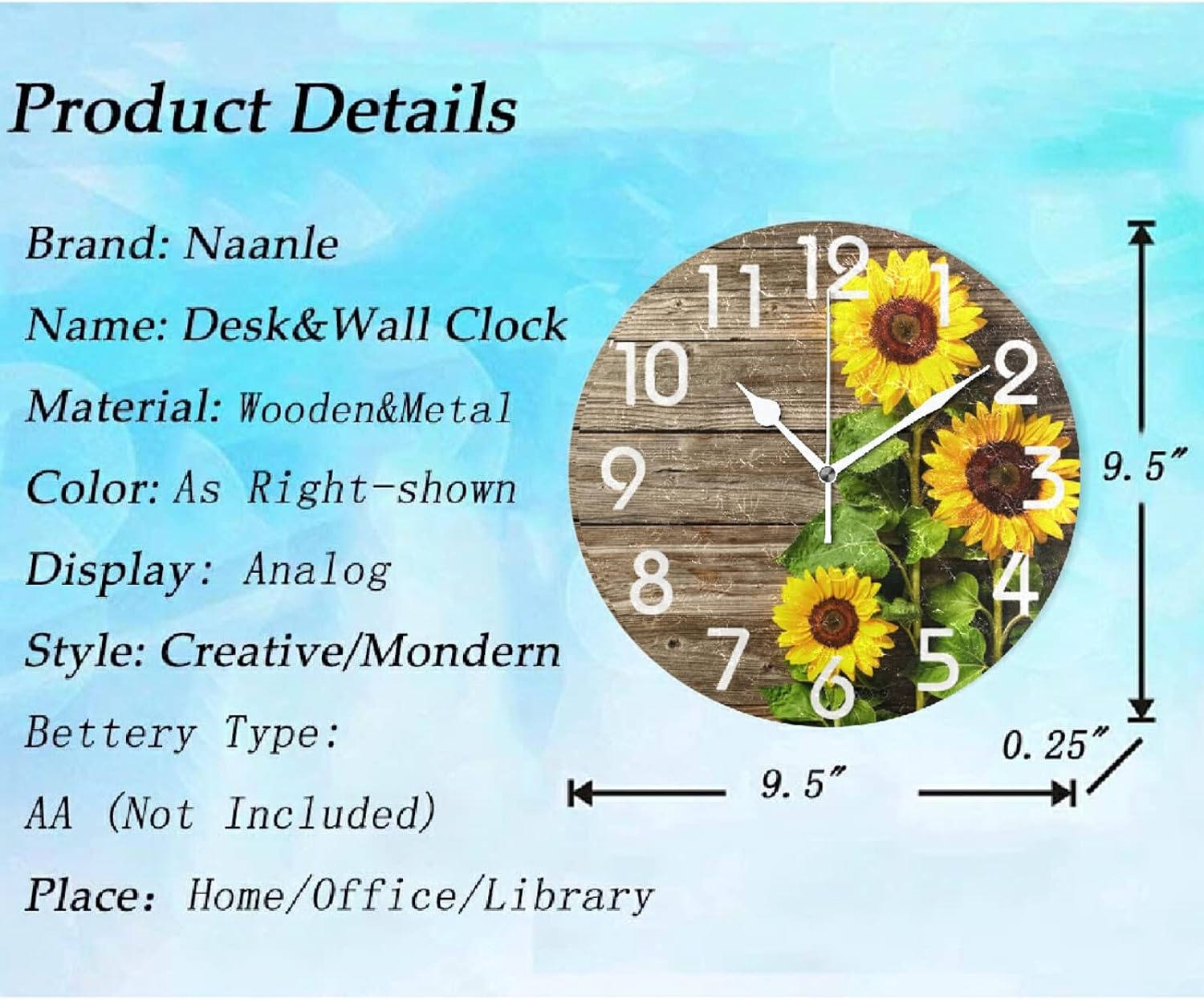 Naanle Stylish 3D Beautiful Sunflowers Vintage Wood Autumn Round Wall Clock, 9.5 Inch Battery Operated Quartz Analog Quiet Desk Clock for Home,Office,School