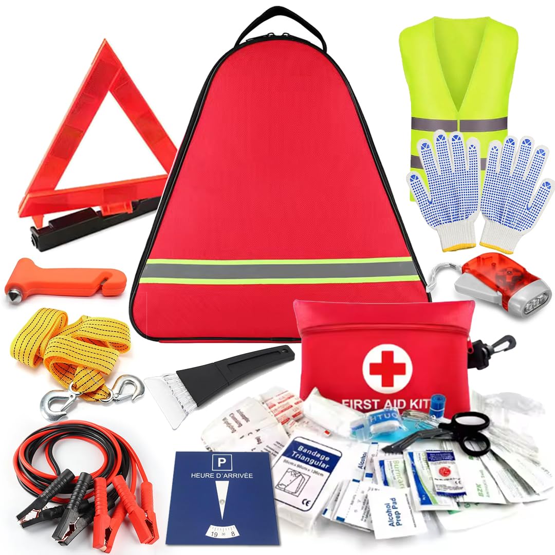 Kit de Sécurité Auto - Trousse de Premiers Secours, Triangle de Signalisation, Gilet Jaune, Gants, Sangle de Traction, Brise-Glace, Lampe Dynamo Câbles de Batterie Disque de Stationnement Gratte-Givre