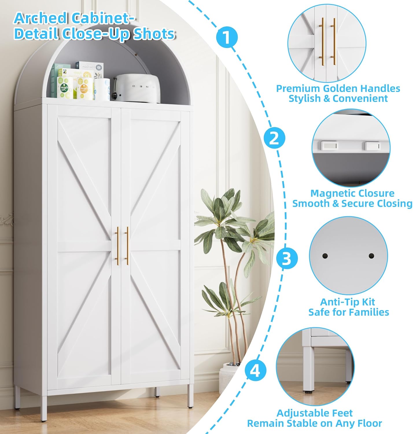 Metal 72" H Arched Pantry Cabinet with 6 Adjustable Shelves,White Arched Cabinet with 2 Doors for Kitchen Living Room,Required Assembly