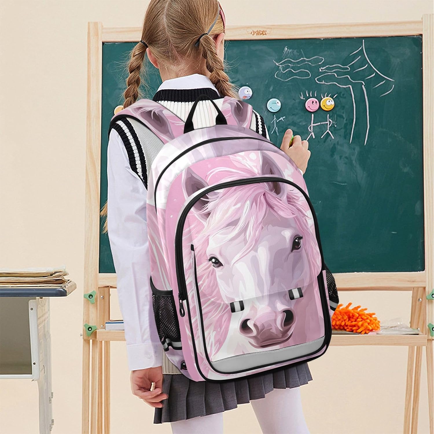 White Horse Pink Backpack for Girls Boys Kids Elementary Middle School Bag Laptop Backpack Travel Rucksack - Image 4