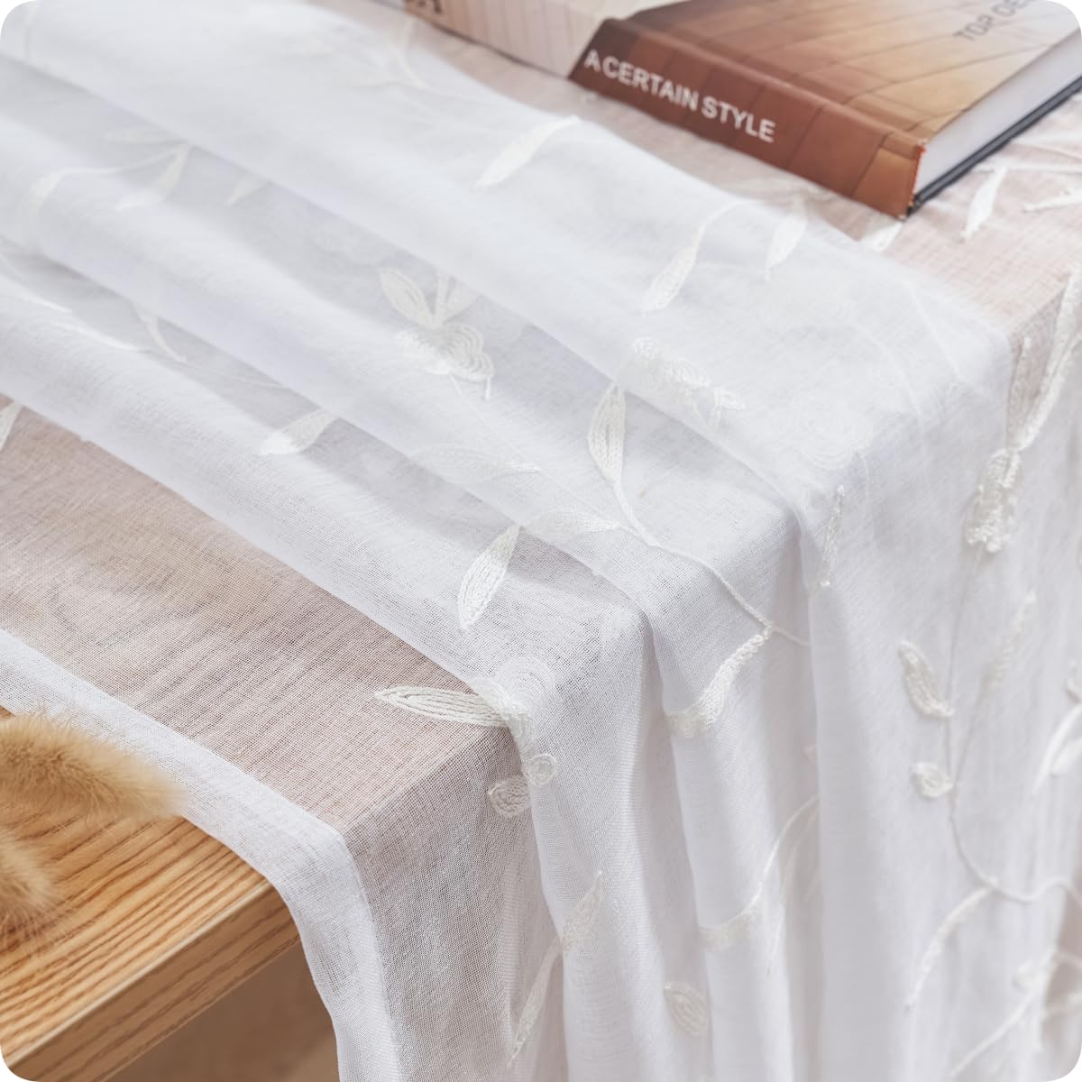 Cortinas traslúcidas bordadas blancas de 95 pulgadas, tratamiento de ventana con patrón floral, cortinas con bolsillo para barra para sala de estar, dormitorio, paneles de cortina de semi gasa para 5