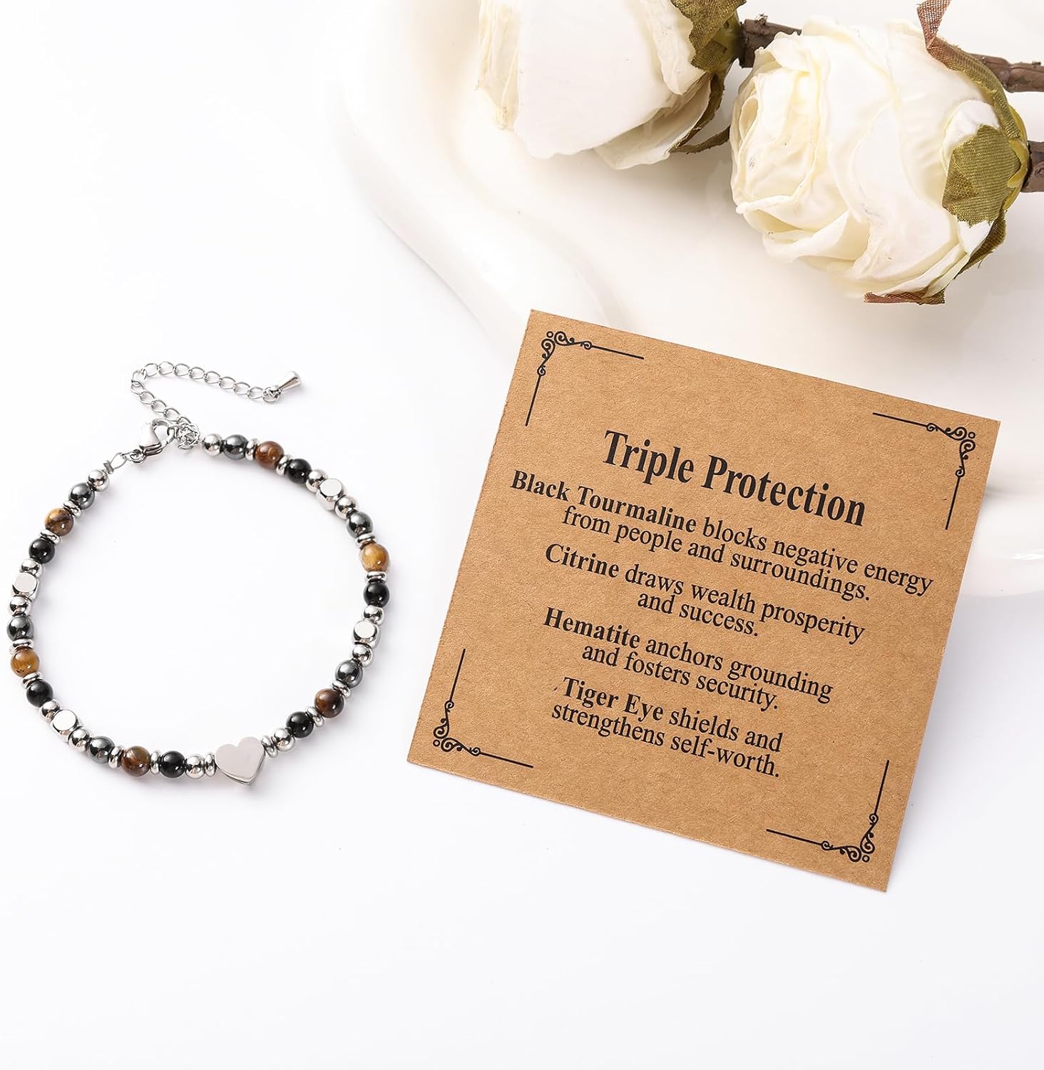 Jardme Natural Healing Crystals Bracelets for Women, Anxiety Relief Triple Protection Good Luck, Kalm Bracelet, Inspirational Spiritual Jewelry Gift for Friends Daughter Mom 6.5+2 Inches