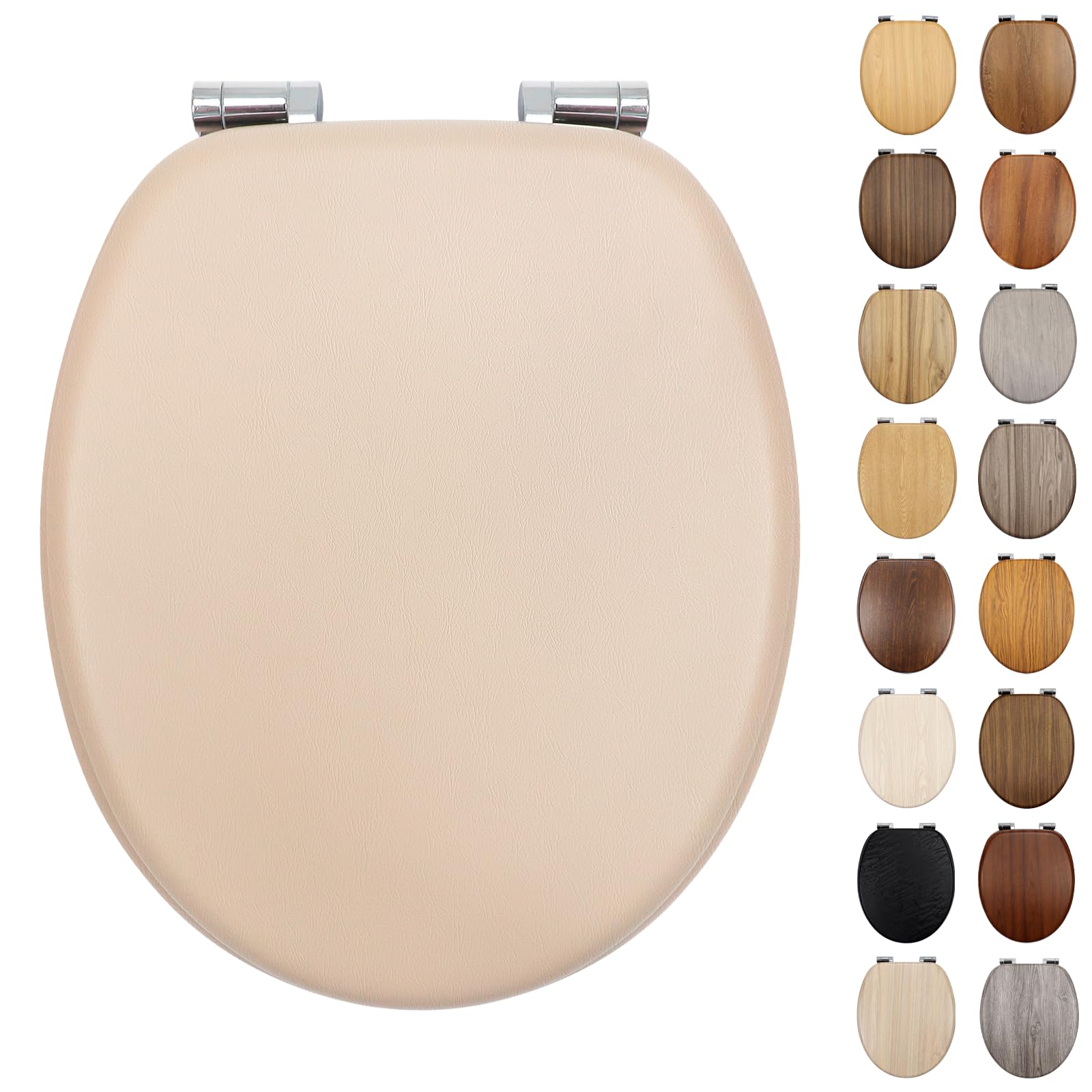 Asiento de inodoro universal de madera de cierre suave, hecho de MDF con material de aspecto de piel de PVC, bisagras ajustables con accesorio inferior, fácil de instalar para baño, 43,5 x