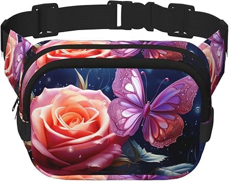 Rose and Butterfly Fanny Pack for Man Women Waist Bag Adjustable Belt Bum Bags Chest Bag for Travel Sports Hiking Waist Packs