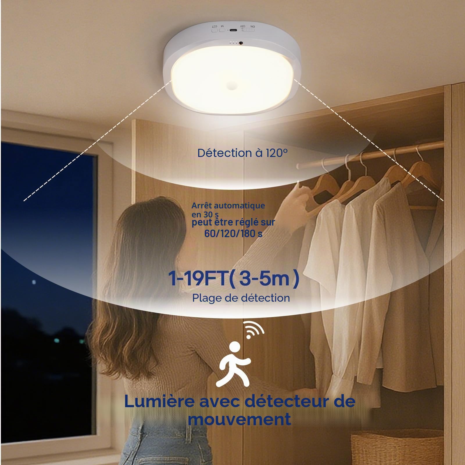Plafonnier LED avec Batterie 10000mAh, Détecteur de Mouvement, 550LM, Lampe de Plafonnier Sans Fil Rechargeable,Luminaire a Pile, Lampe Plafond Batterie, pour Salle de Bain,Couloir,Escalier (2)