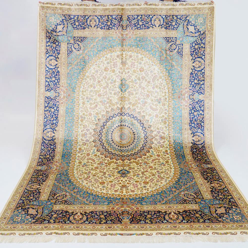 Yuchen Carpet Oriental Silk Rug 6x9 Blue Hand Knotted Traditional Vintage Luxury Oriental Silk Area Rug for Living