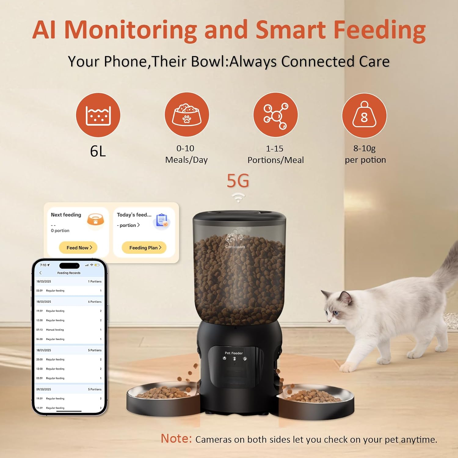 Automatic Cat Feeder with Camera for 2 Cats, 2K HD Video with Night Vision, 5G/2.4G WiFi with 2-Way Audio, Timed Automatic Cat Feeders for Cat & Dog, Dual Power, Black