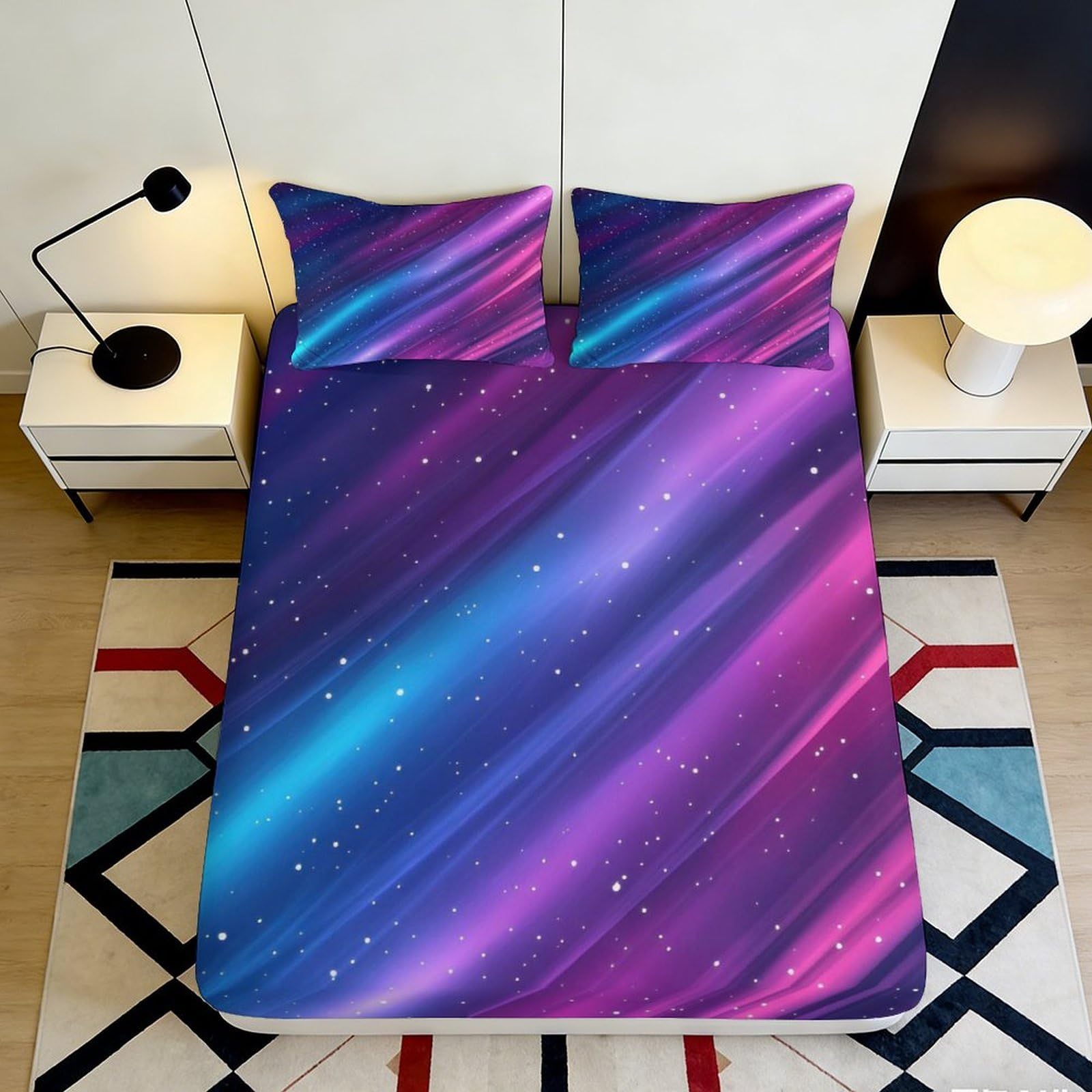 3D Printed Galaxy Starry Sky Fitted Sheet Microfiber Soft Gradient Purple Blue Cosmic Nebula Mattress Cover Bedroom Decor 90x200x25cm