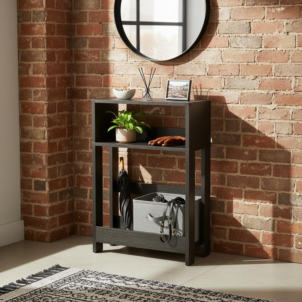 Narrow Side Table, 7 Inch Slim Bamboo Nightstand with 3-Tier Storage & Built-in Bookshelf, Small Space-Saving End Table for Living Room, Bedroom, Couch