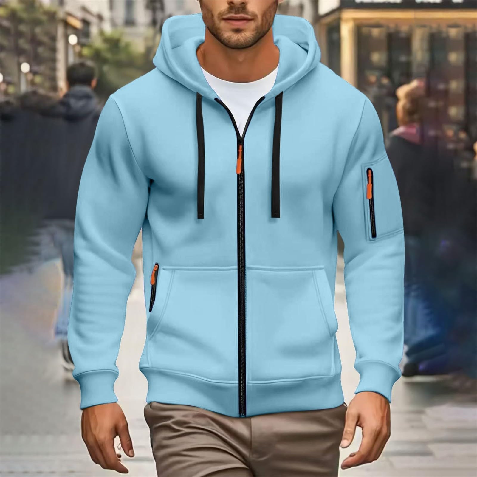 Felpa con cappuccio con zip intera, con coulisse, comoda, da lavoro, tinta unita, elasticizzata, versatile, per il tempo libero, alla moda, vestibilità larga, con cappuccio